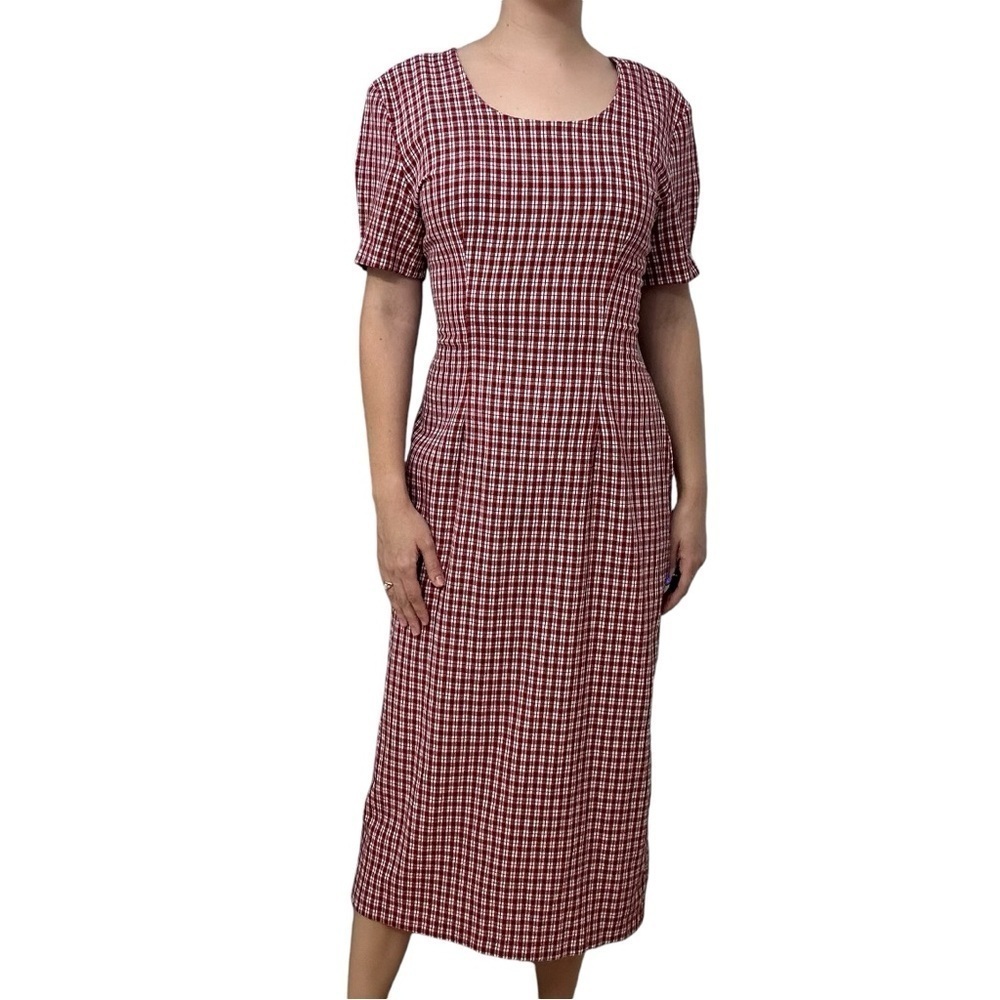 Vintage Midi Dress Lace Up Gingham Red Modest Casual Fall 90s Size Medium